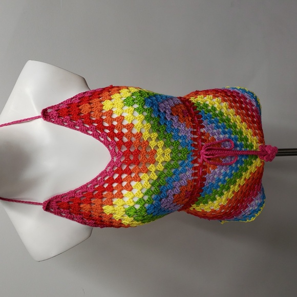 Color Block Open Knit Tassel Tie Backless Knot Waist Cami Romper Women's Size 6 - Picture 3 of 13